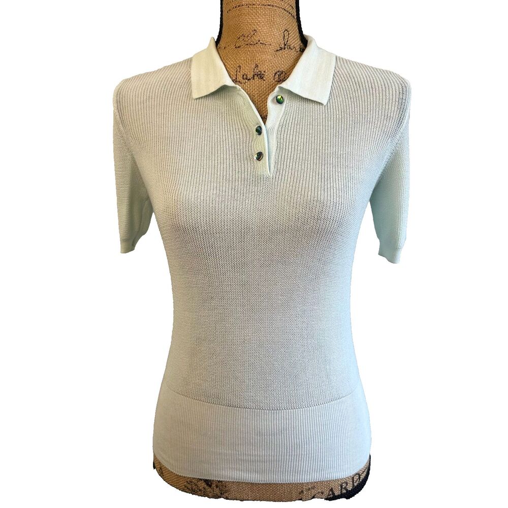 Fabrizio Del Carlo Italy Women Sky Blue Cotton Knit Polo Top Crystal Buttons M